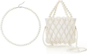 BABEYOND Round Imitation Pearl Necklace Wedding Pearl Necklace for Brides Pearl Clutch Purse Bucket Beaded Bridal Evening Bag Formal Reticulated Bag
