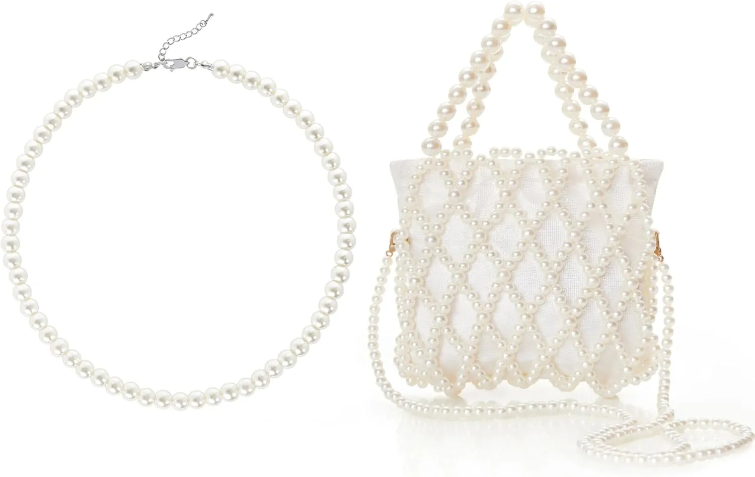 BABEYOND Round Imitation Pearl Necklace Wedding Pearl Necklace for Brides Pearl Clutch Purse Bucket Beaded Bridal Evening Bag Formal Reticulated Bag