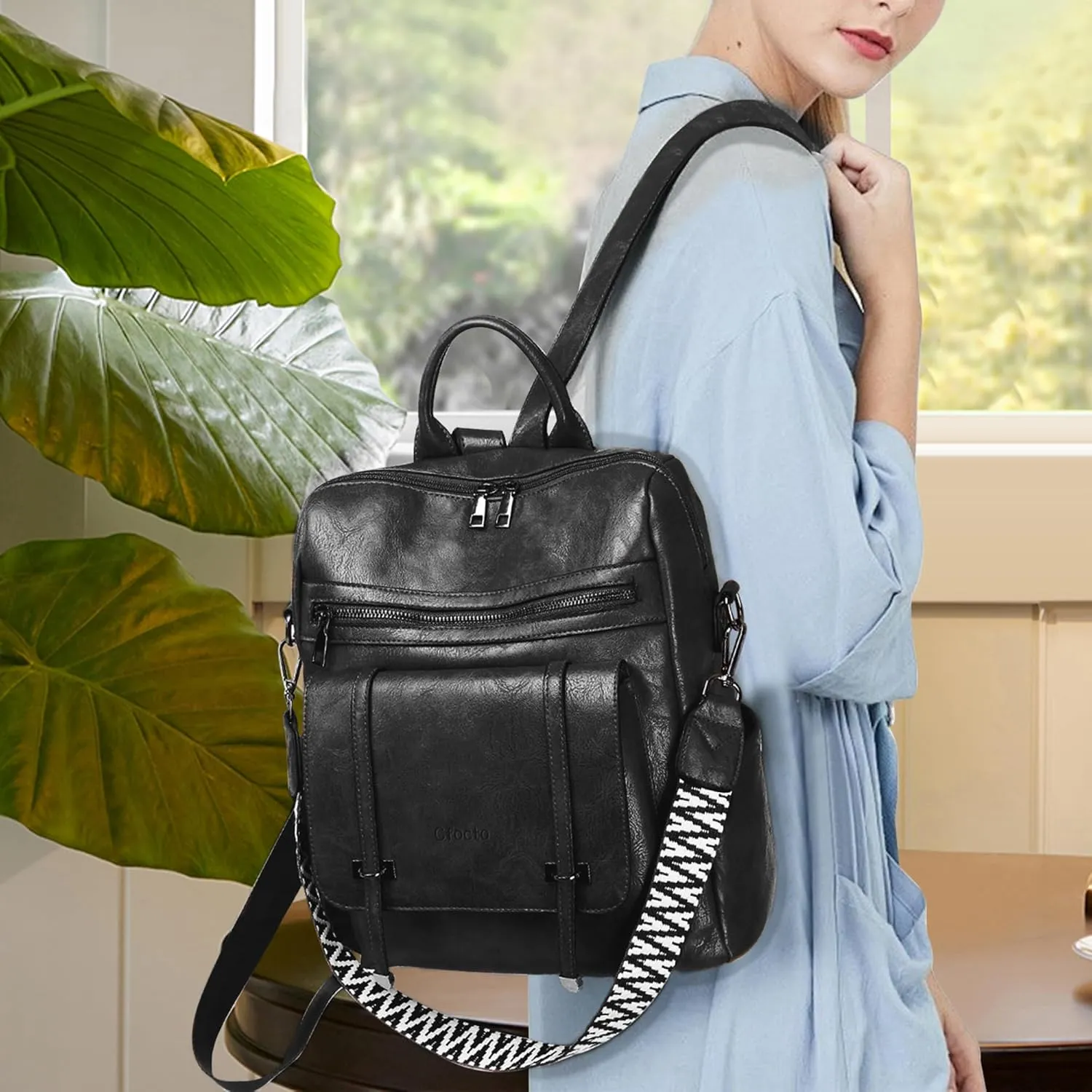 Backpack for Women PU Leather Travel Backpack Purse Fashion Womens Ladies Convertible Shoulder Bags Handbag Black