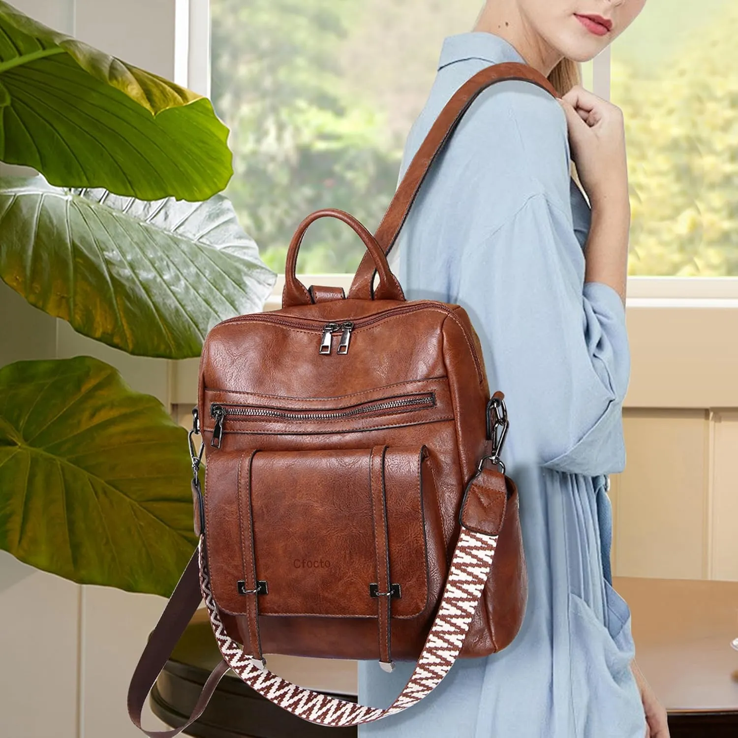 Backpack Purse for Women Fashion Ladies Womens Backpack PU Leather Convertible Travel Shoulder Bags Handbag Brown