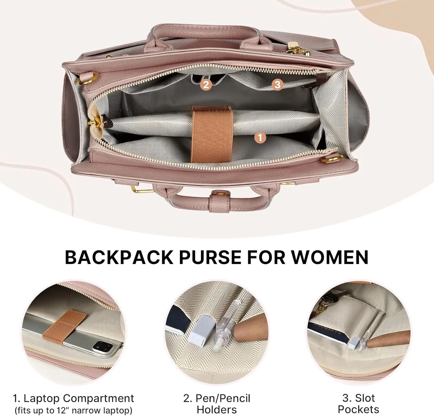 Backpack Purse for Women PU Leather Travel Backpack, 4 in 1 Designer Convertible Backpack Purse with Removable Strap (Pink)