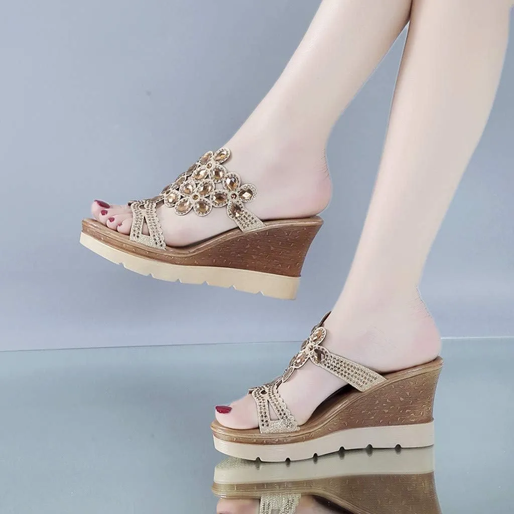 Beach Breathable Peep Shoes Women Toe Rhinestone Sandals Wedges Summer Slip-On Women's Women's Wedges Size 7