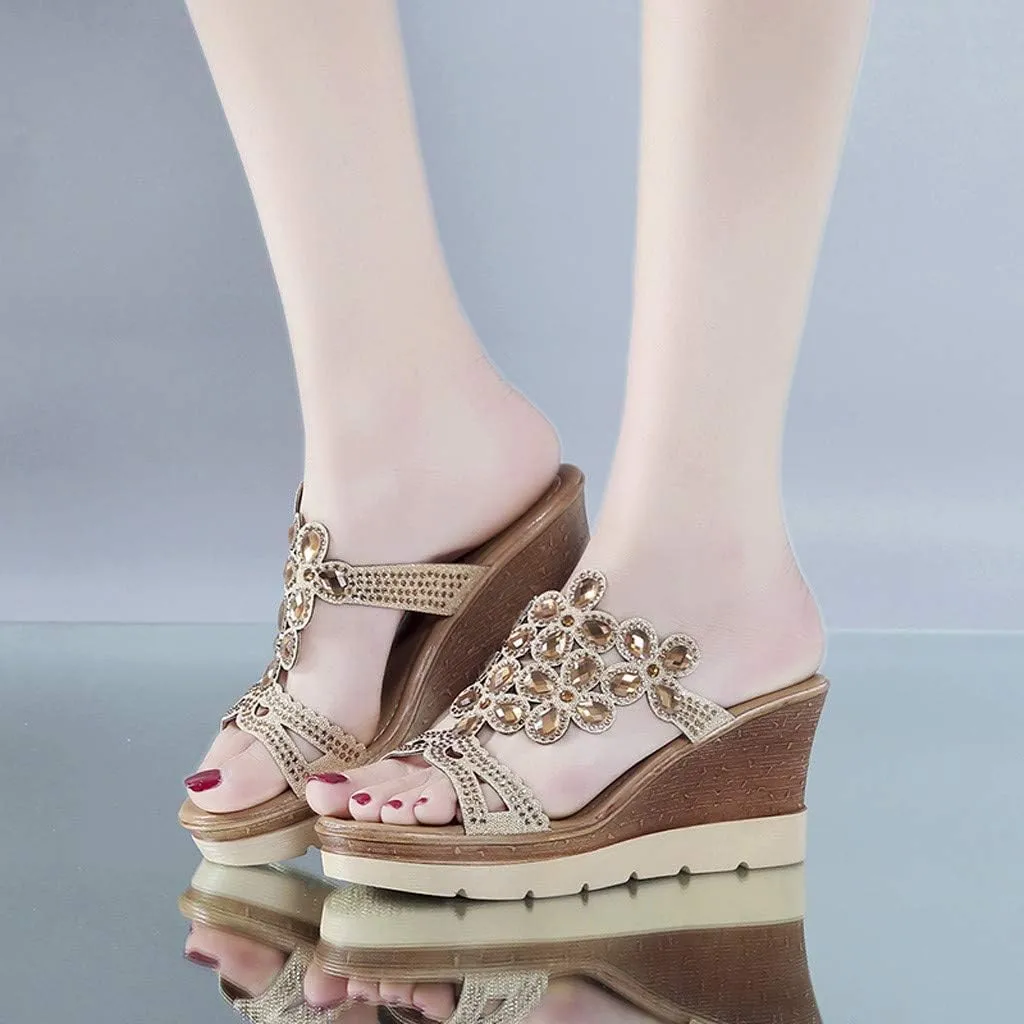 Beach Breathable Peep Shoes Women Toe Rhinestone Sandals Wedges Summer Slip-On Women's Women's Wedges Size 7