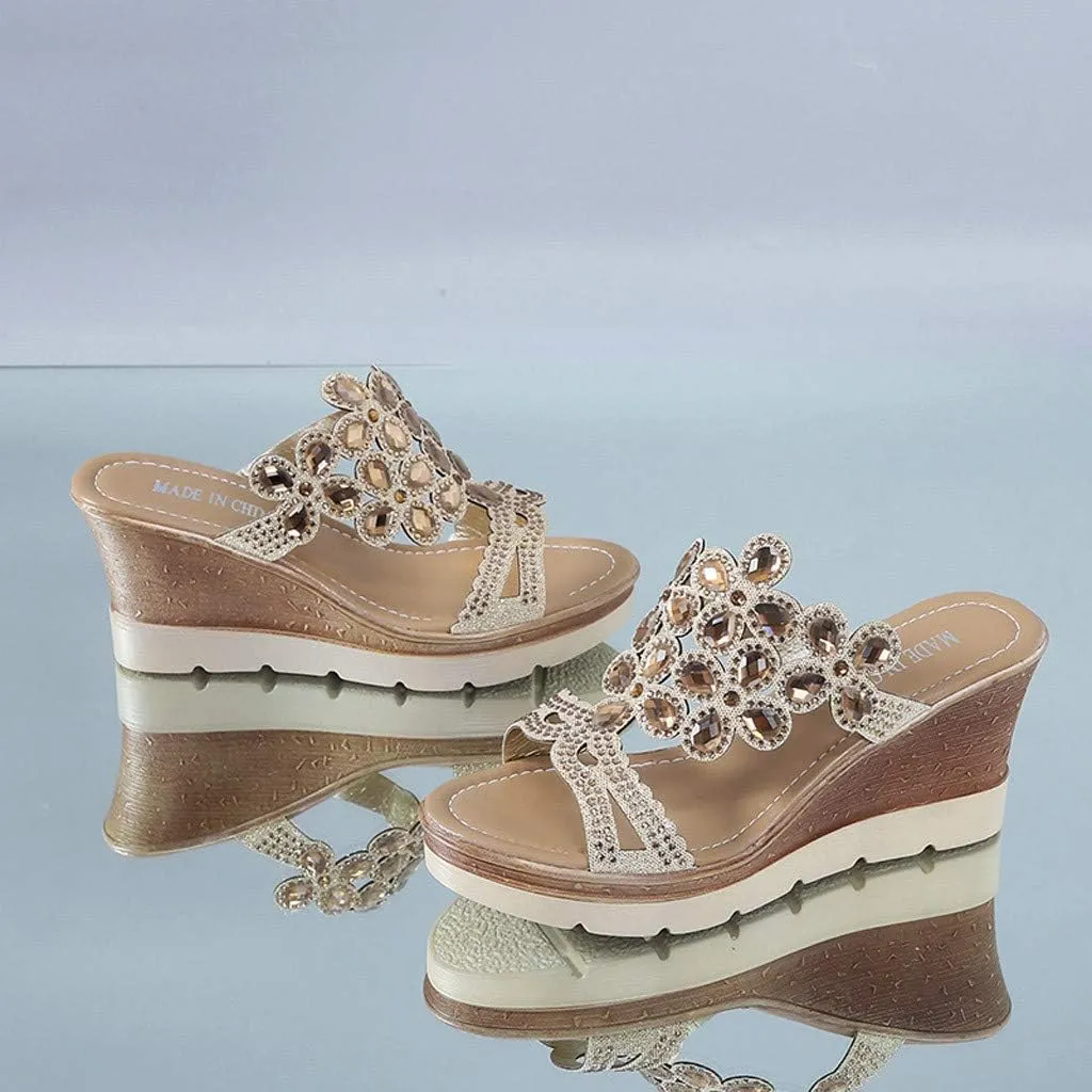 Beach Breathable Peep Shoes Women Toe Rhinestone Sandals Wedges Summer Slip-On Women's Women's Wedges Size 7