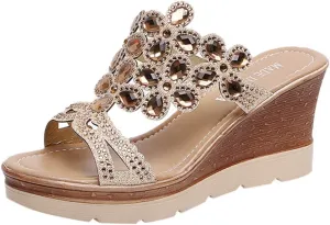Beach Breathable Peep Shoes Women Toe Rhinestone Sandals Wedges Summer Slip-On Women's Women's Wedges Size 7