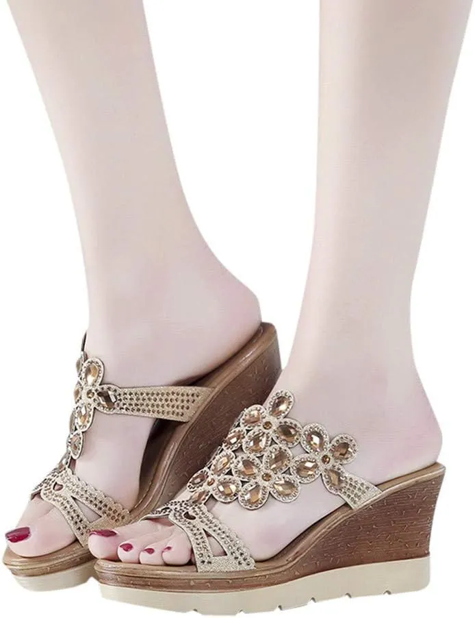 Beach Breathable Peep Shoes Women Toe Rhinestone Sandals Wedges Summer Slip-On Women's Women's Wedges Size 7
