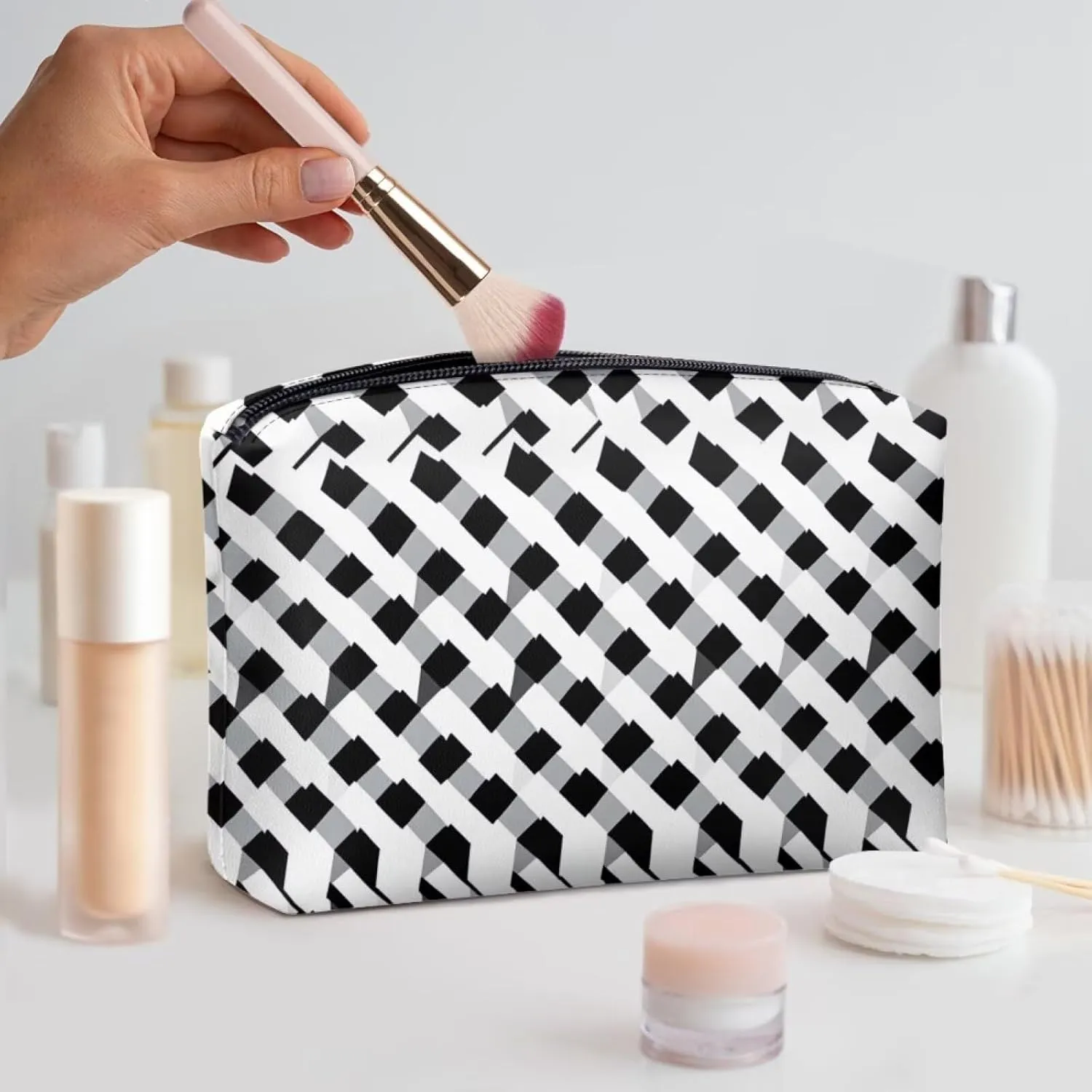 Black Checkerboard Travel Makeup Bag  Waterproof PU Leather Organizer (TSA-Friendly 7.8L) | Small Makeup Bag for Purse & Carry-Ons | Personalized Gifts for Her