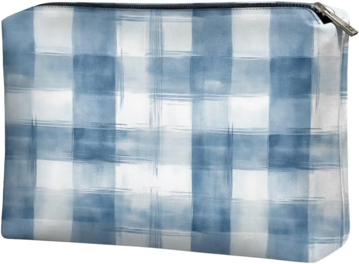 Blue Checkerboard Trendy Teen Makeup Organizer Personalized Makeup Bag (7.8x5.5in) with Elastic Loops | Small Makeup Bag for Purse & School | Gifts for Girls