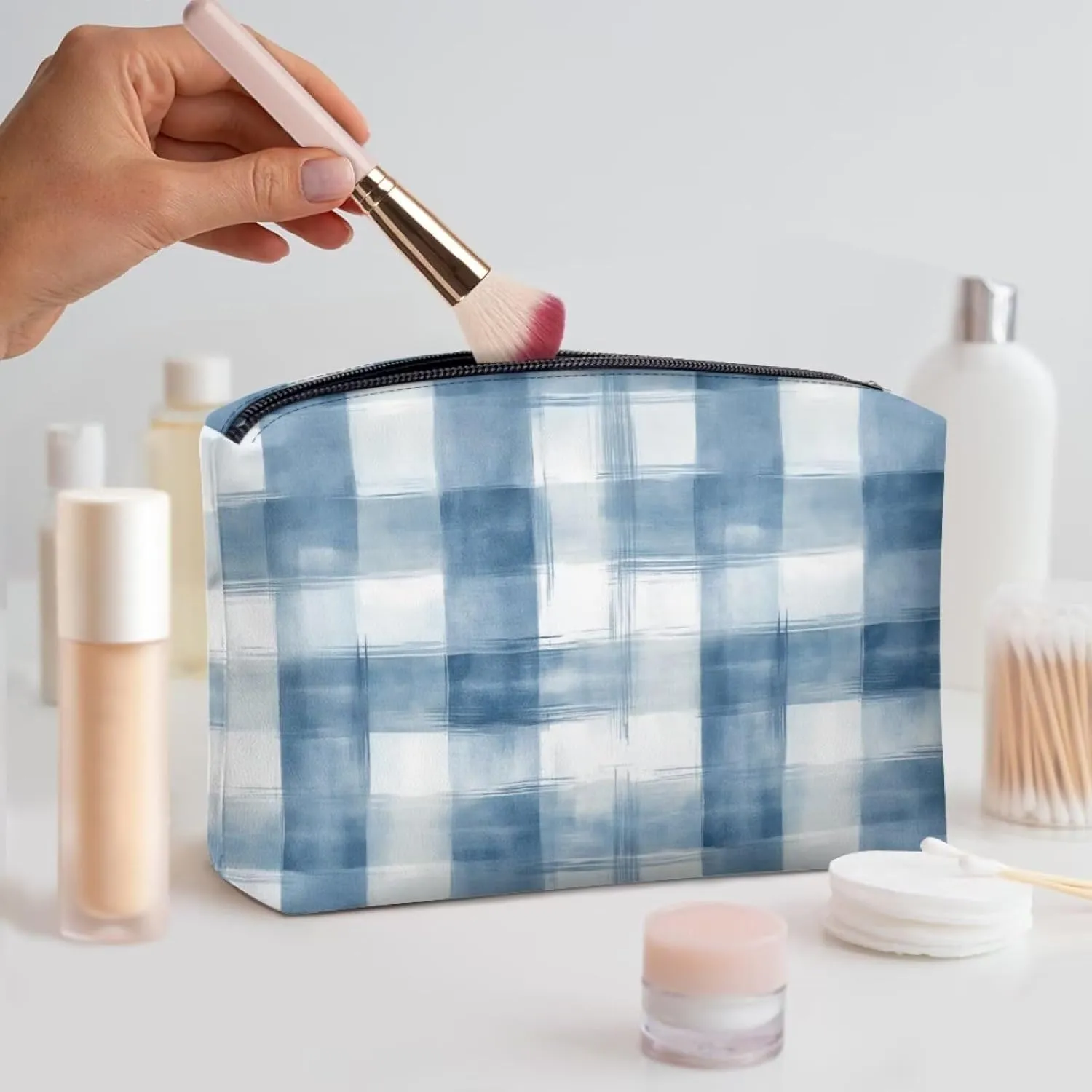 Blue Checkerboard Trendy Teen Makeup Organizer Personalized Makeup Bag (7.8x5.5in) with Elastic Loops | Small Makeup Bag for Purse & School | Gifts for Girls