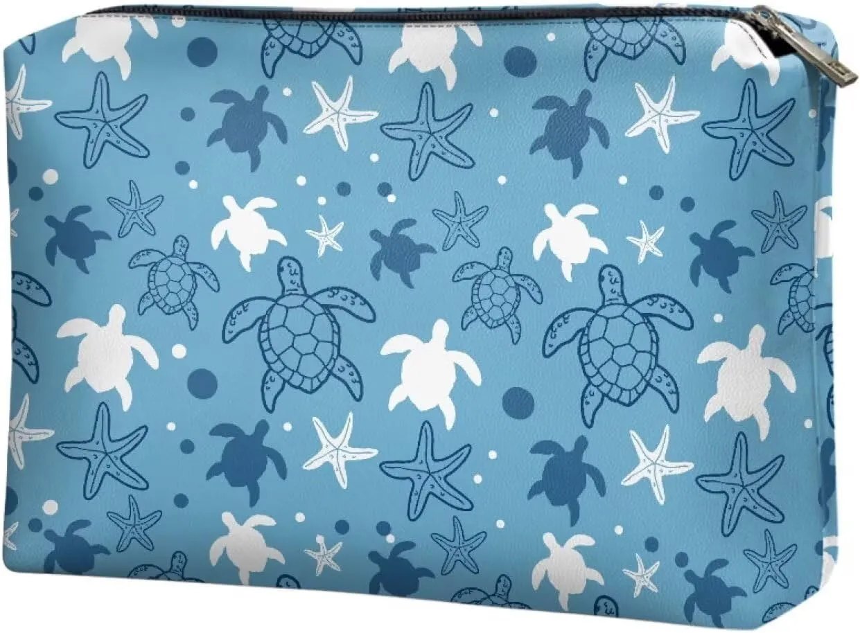Blue Sea Turtles Ultimate Gym Makeup Bag  Compact PU Leather Travel Makeup Bag Small Makeup Bag for Purse Fitness Enthusiasts