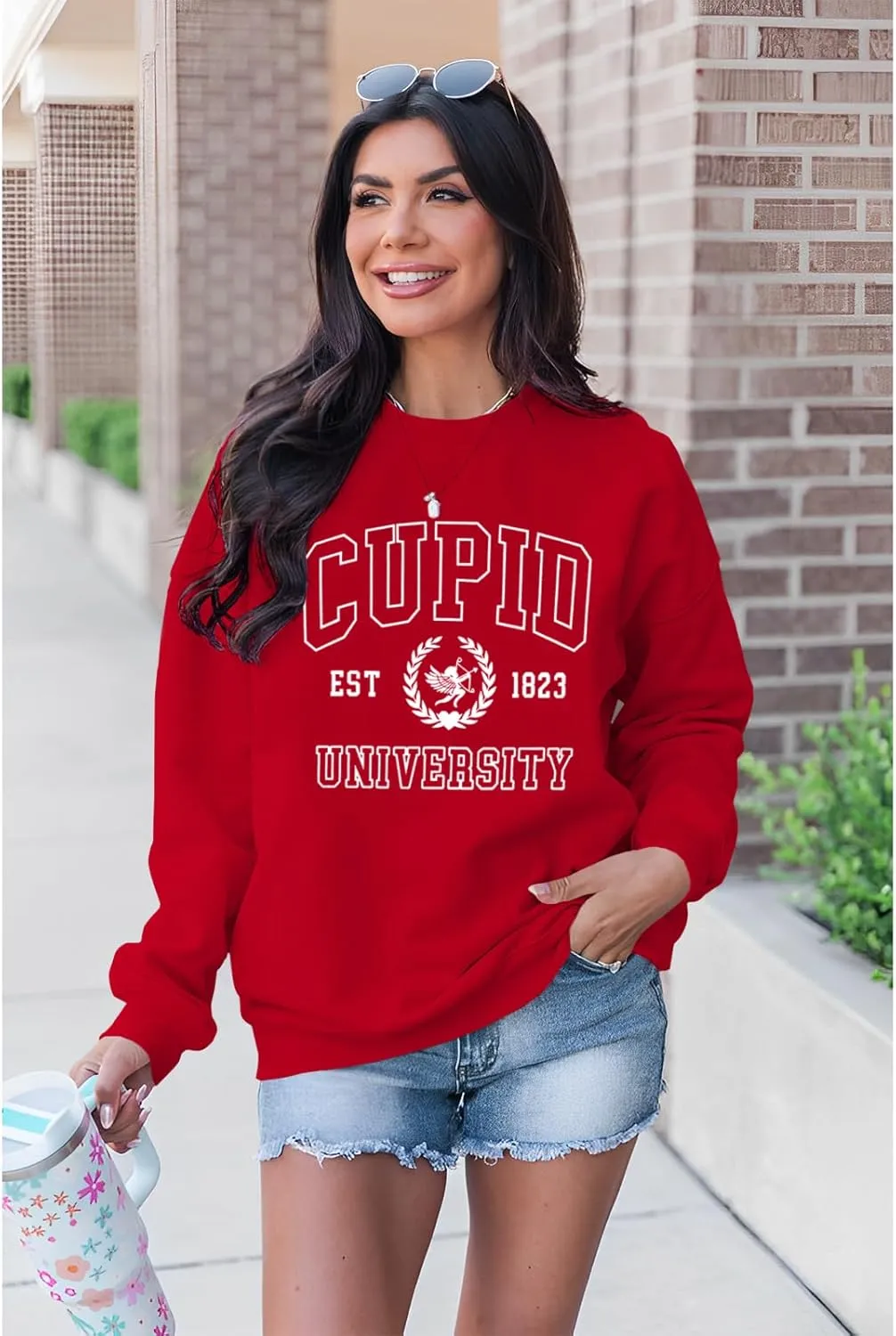 BOUTIKOME Valentines Sweatshirts for Women Cupid University Est. 1823 Shirts Oversized Long Sleeve Pullover Crewneck Top