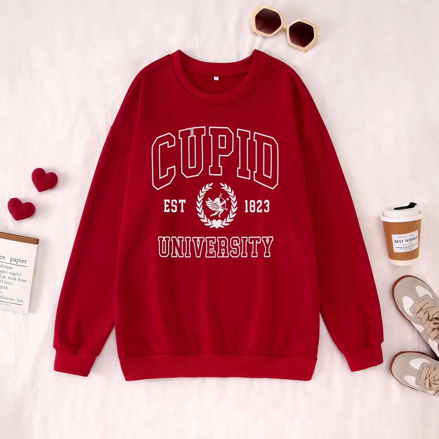 BOUTIKOME Valentines Sweatshirts for Women Cupid University Est. 1823 Shirts Oversized Long Sleeve Pullover Crewneck Top