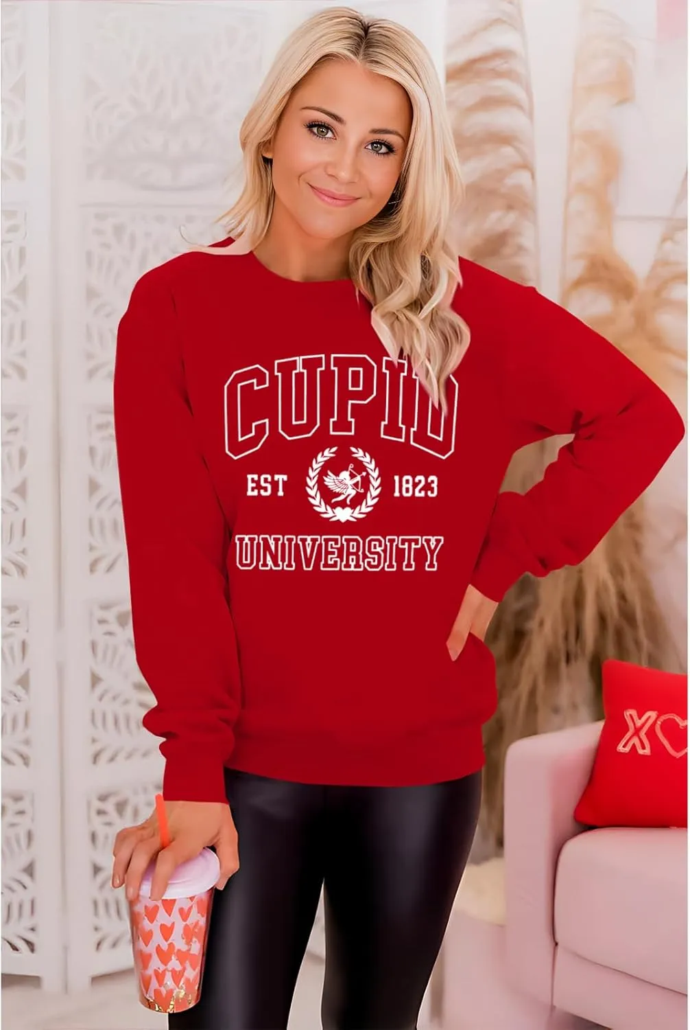 BOUTIKOME Valentines Sweatshirts for Women Cupid University Est. 1823 Shirts Oversized Long Sleeve Pullover Crewneck Top