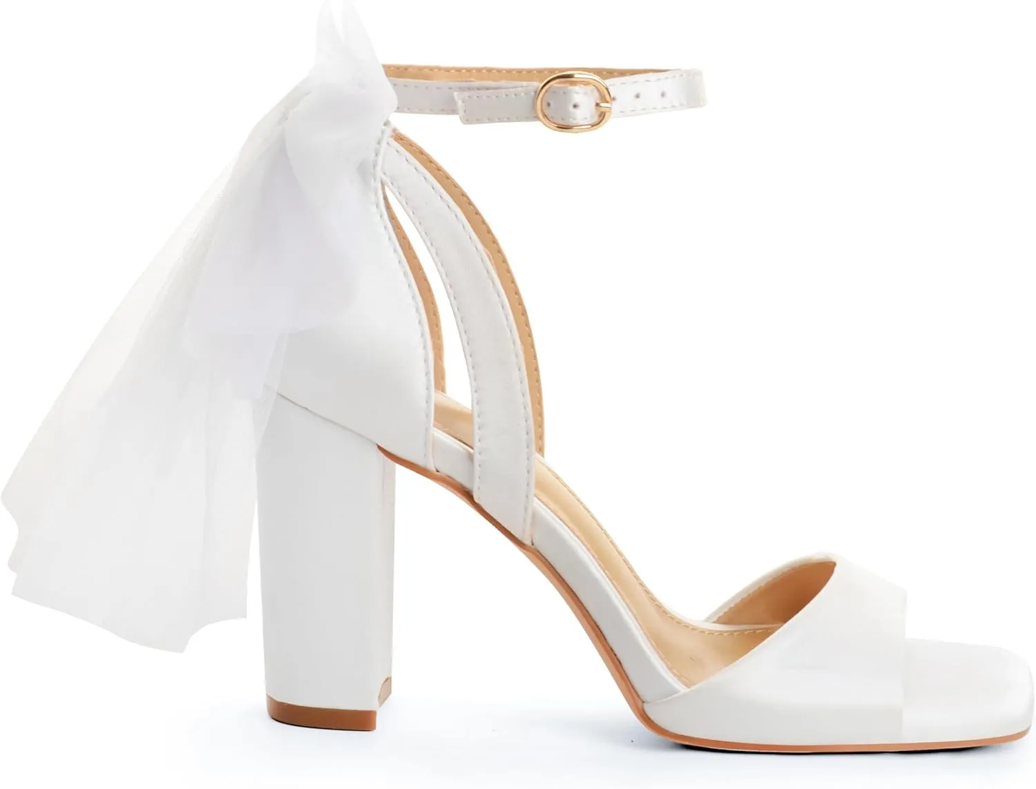 Bow Heels for Women Square Toe Chunky Heel Wedding Shoes