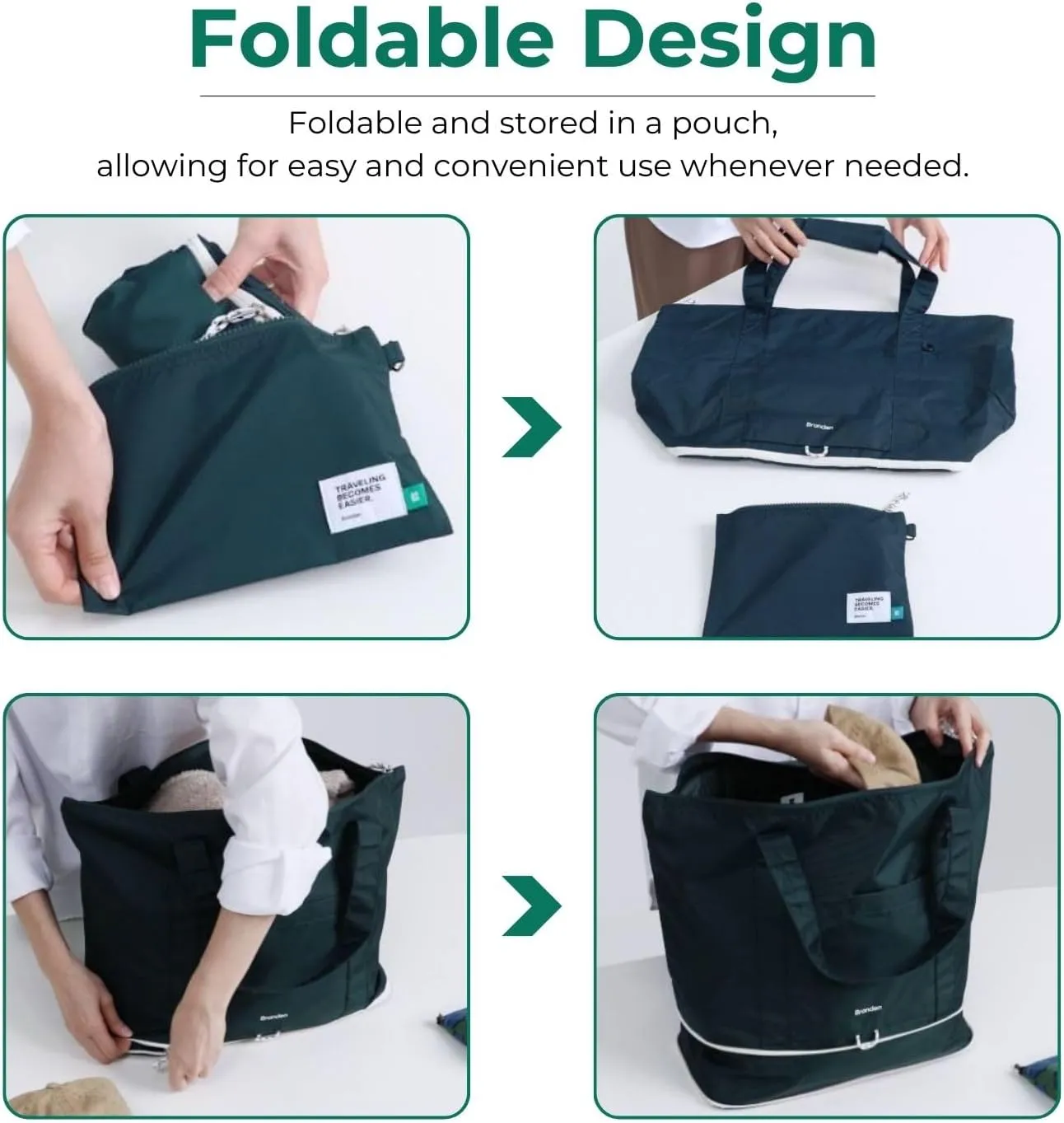 Branden - Foldable Tote Bag for Travel, 6-in-1 Multi Charger Cable Included, Lightweight, Compartments