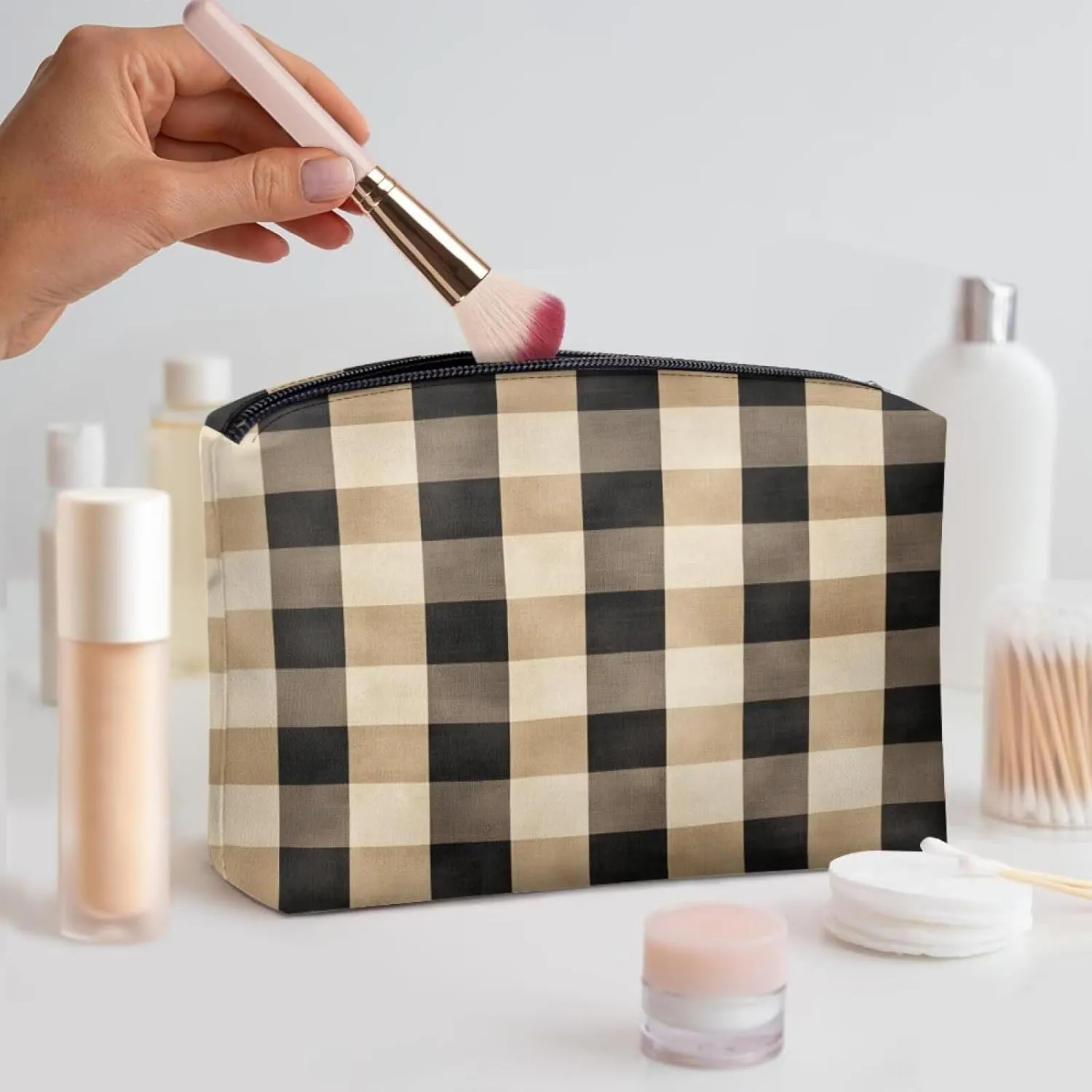 Brown Checkerboard Multi-Functional Makeup Bag  Water-Resistant Personalized Makeup Bag (7.8L) for Travel, Shopping, Parties | Makeup Bags for Women