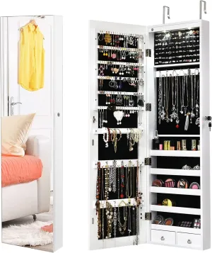 Byroce 47.5''H Jewelry Armoire, Over the Door/Wall Mounted, Full Length Mirror with Jewelry Storage, 2-LED Lockable Jewelry Cabinet with 2 Drawers, Hanging Jewelry Organizer for Bedroom (White)