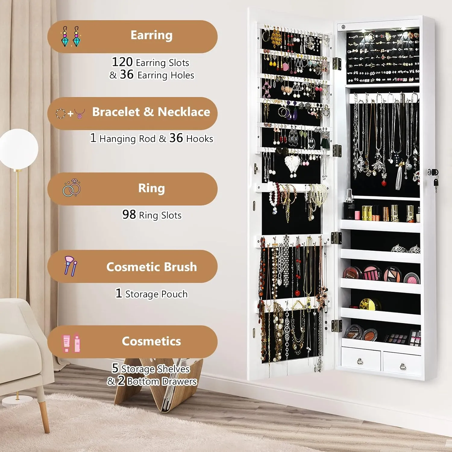 Byroce 47.5''H Jewelry Armoire, Over the Door/Wall Mounted, Full Length Mirror with Jewelry Storage, 2-LED Lockable Jewelry Cabinet with 2 Drawers, Hanging Jewelry Organizer for Bedroom (White)