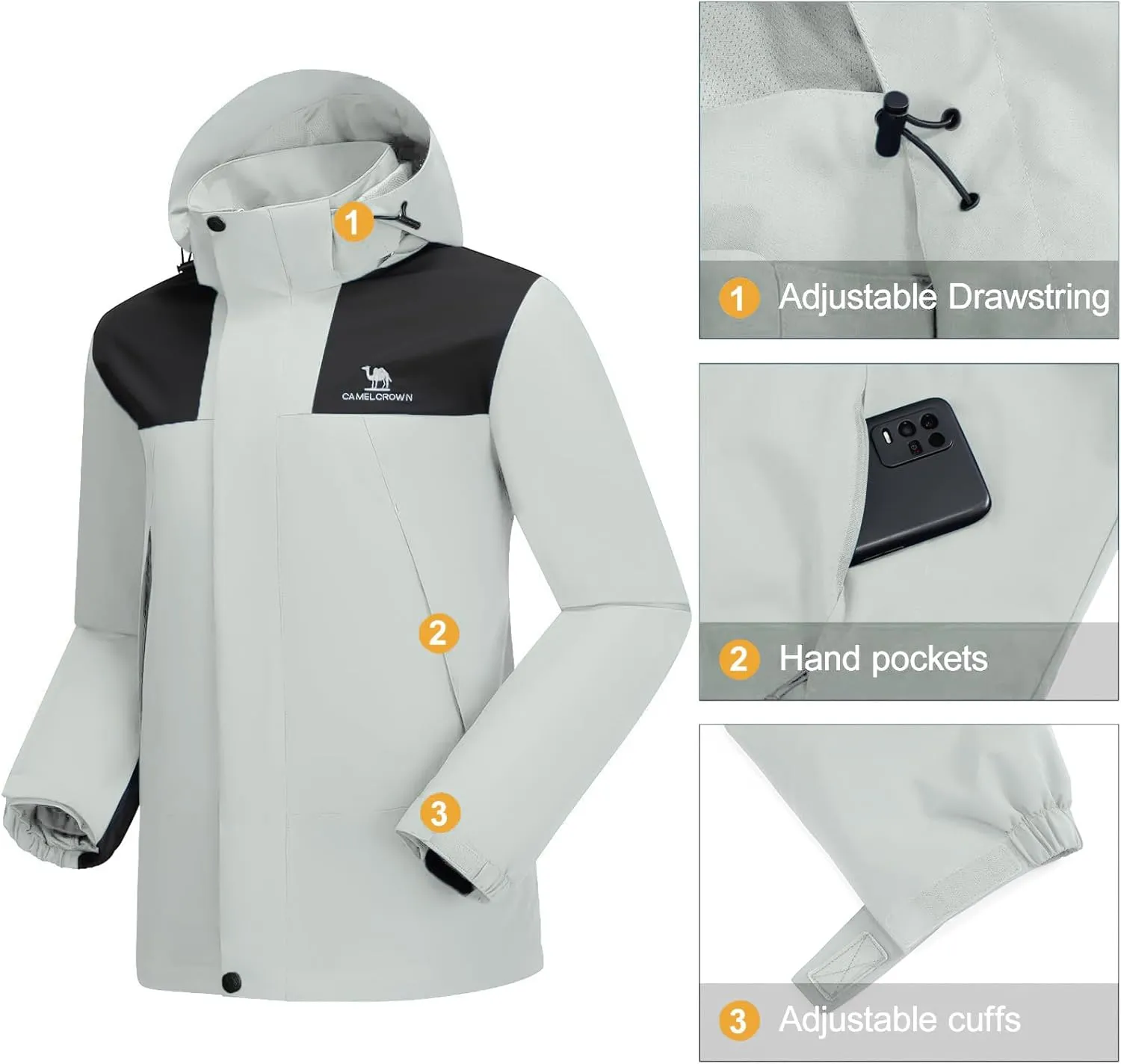 CAMEL CROWN Men's Waterproof Jacket Rain Coat Windbreaker Hooded for Outdoor Hiking Climbing Traveling