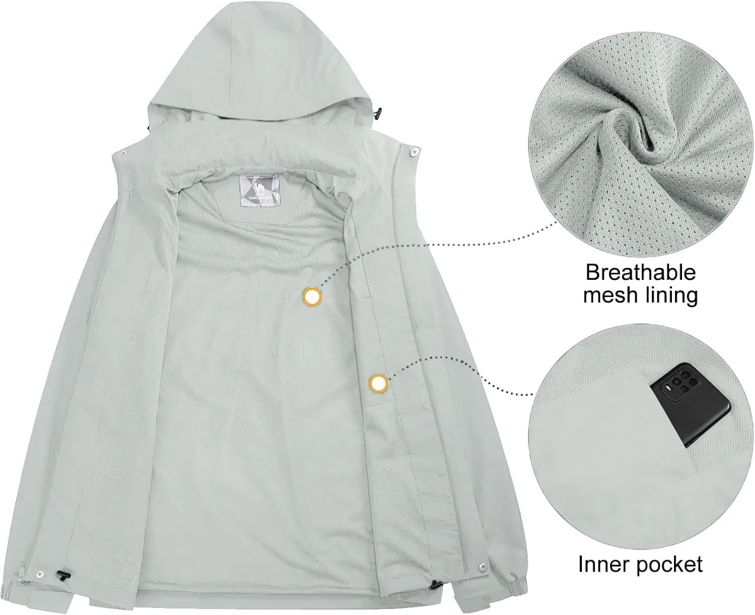 CAMEL CROWN Men's Waterproof Jacket Rain Coat Windbreaker Hooded for Outdoor Hiking Climbing Traveling