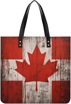 Canadian Flag on Vintage Wood Tote Bags PU Leather Top Handle Satchel Handbags Shoulder Bags Travel Purse for Women Men