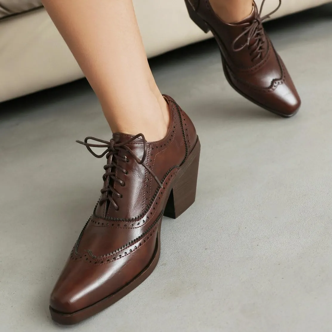 Caradise Womens Vintage Chunky Heels Wingtip Heeled Oxford Shoes Vintage Lace Up Heels