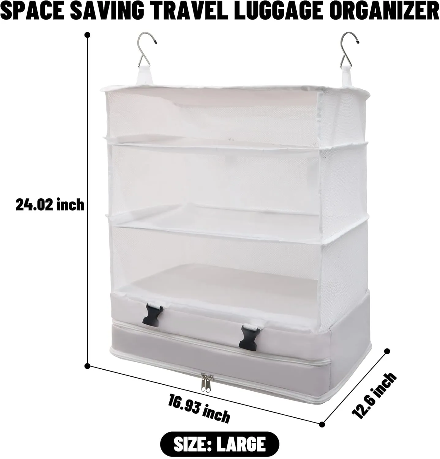 Caroeas Portable Hanging Travel Shelves Bag Suitcase Organizer Carry-on Closet Packing Cubes for Travel, 4-Shelf Suitcase Closet with 2 Hooks, X-Large Capacity, White