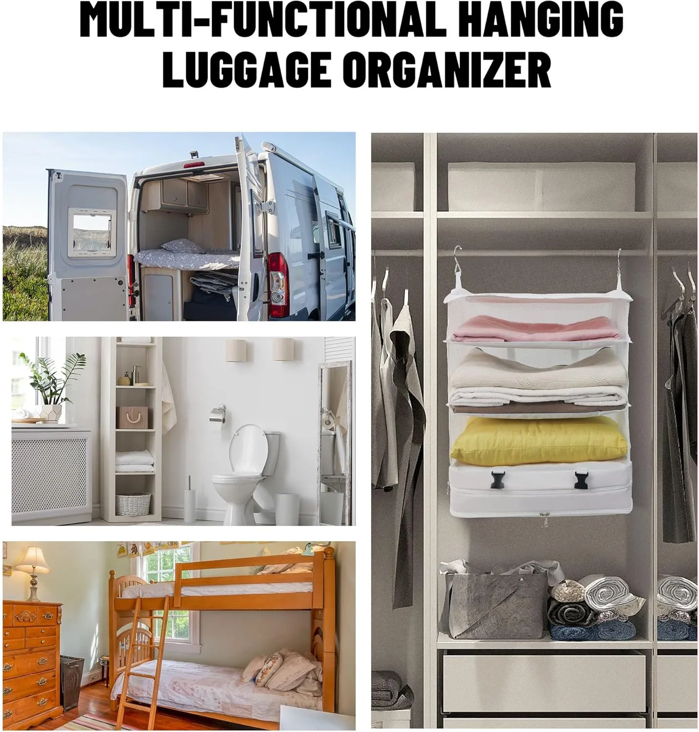 Caroeas Portable Hanging Travel Shelves Bag Suitcase Organizer Carry-on Closet Packing Cubes for Travel, 4-Shelf Suitcase Closet with 2 Hooks, X-Large Capacity, White