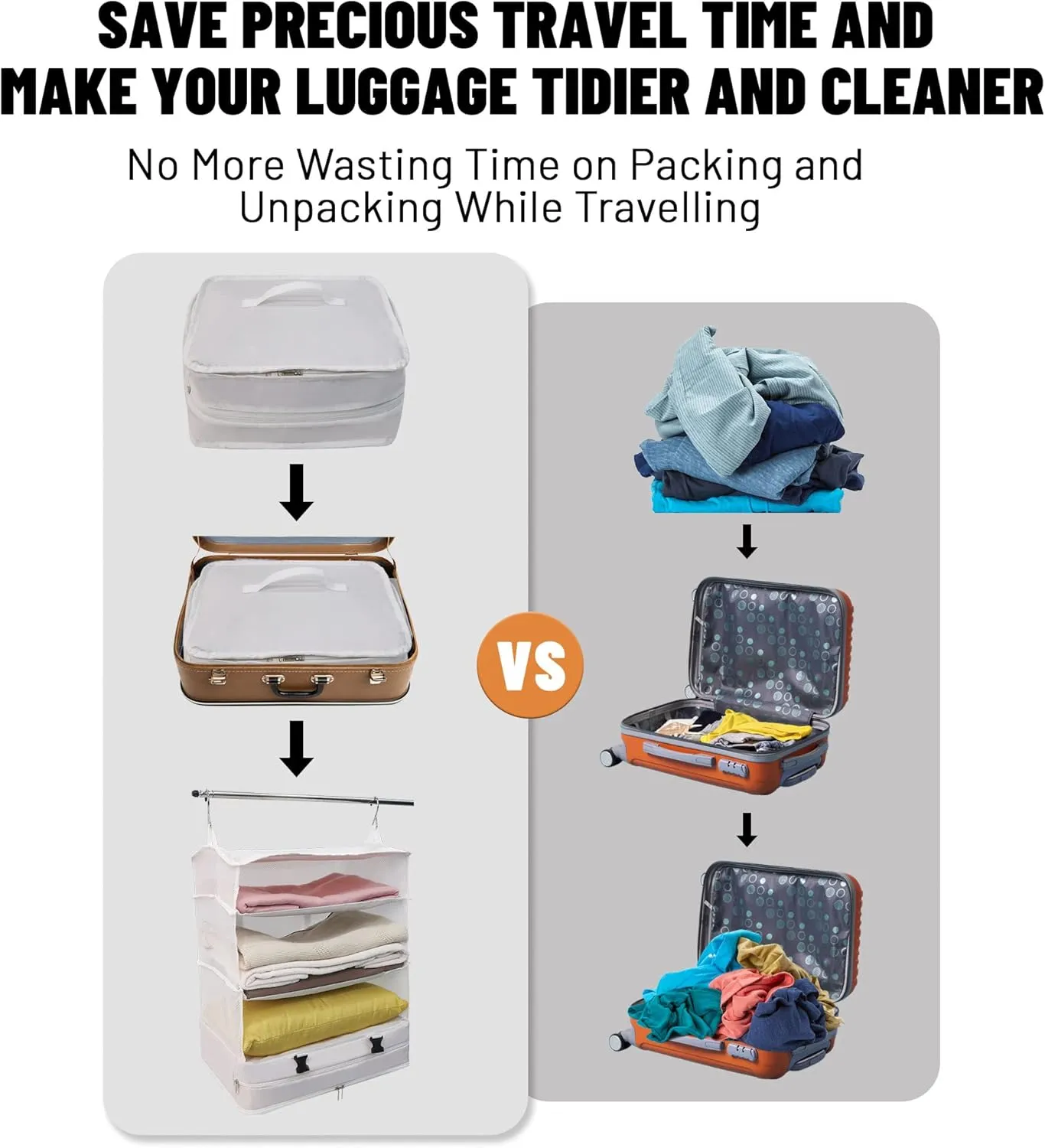Caroeas Portable Hanging Travel Shelves Bag Suitcase Organizer Carry-on Closet Packing Cubes for Travel, 4-Shelf Suitcase Closet with 2 Hooks, X-Large Capacity, White