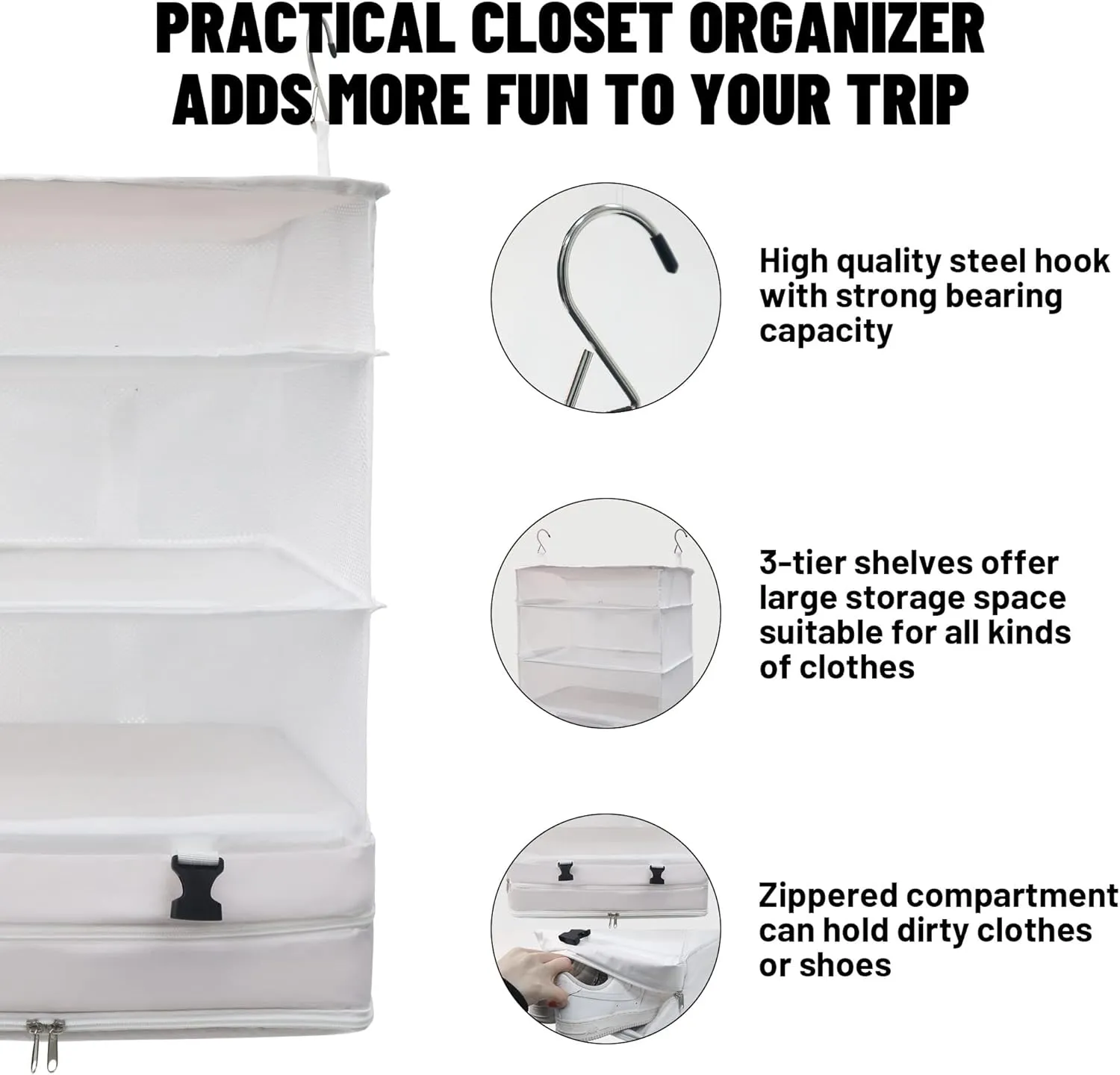 Caroeas Portable Hanging Travel Shelves Bag Suitcase Organizer Carry-on Closet Packing Cubes for Travel, 4-Shelf Suitcase Closet with 2 Hooks, X-Large Capacity, White