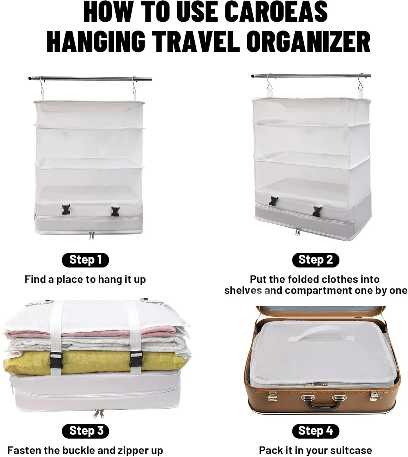Caroeas Portable Hanging Travel Shelves Bag Suitcase Organizer Carry-on Closet Packing Cubes for Travel, 4-Shelf Suitcase Closet with 2 Hooks, X-Large Capacity, White