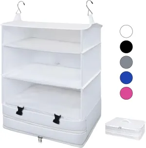 Caroeas Portable Hanging Travel Shelves Bag Suitcase Organizer Carry-on Closet Packing Cubes for Travel, 4-Shelf Suitcase Closet with 2 Hooks, X-Large Capacity, White