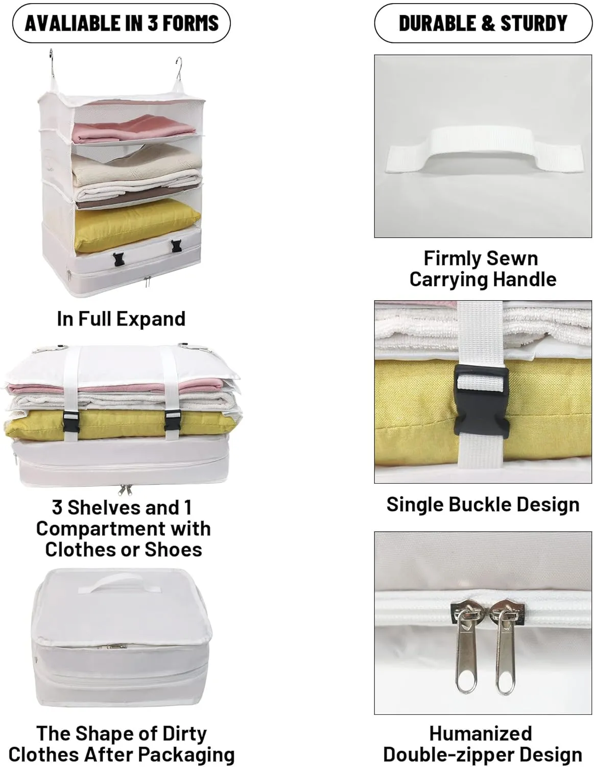Caroeas Portable Hanging Travel Shelves Bag Suitcase Organizer Carry-on Closet Packing Cubes for Travel, 4-Shelf Suitcase Closet with 2 Hooks, X-Large Capacity, White