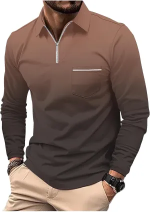 Casual Long Sleeve Polo Shirts for Men 2024 Long Sleeve Zipper Golf t-Shirt Gradient Color Basic Tees Pullover Tops