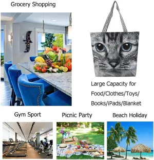 Cat Canvas Tote Bag Handbags with Zipper for Women Large Embroidered Reusable Bag for Grocery Shopping