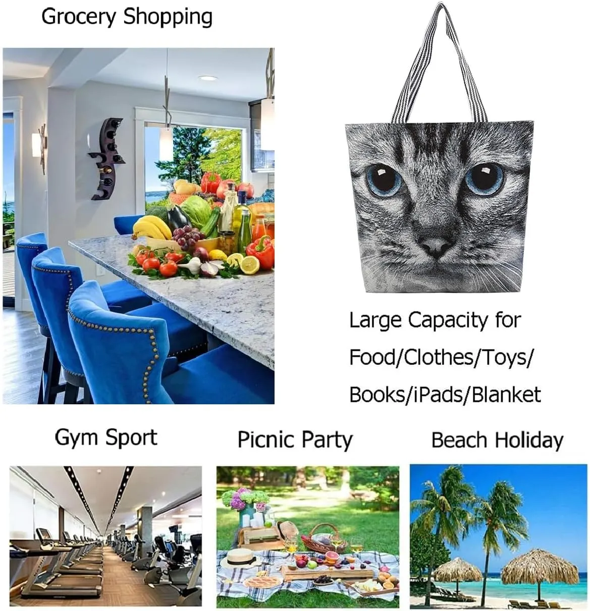 Cat Canvas Tote Bag Handbags with Zipper for Women Large Embroidered Reusable Bag for Grocery Shopping