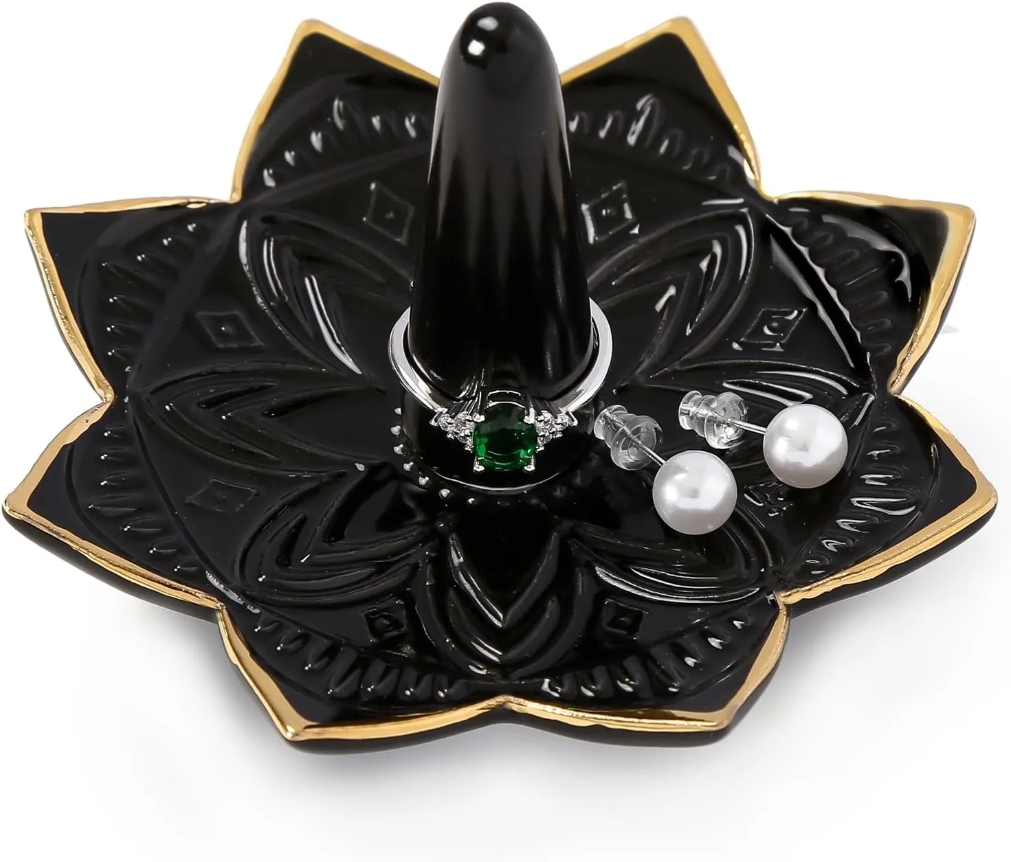 Ceramic Ring Holder for Jewelry,Black Mandala Ring Dish Jewelry Dish Jewelry Holder,Room Decor,Engagement Wedding Birthday Gifts for Couples Women