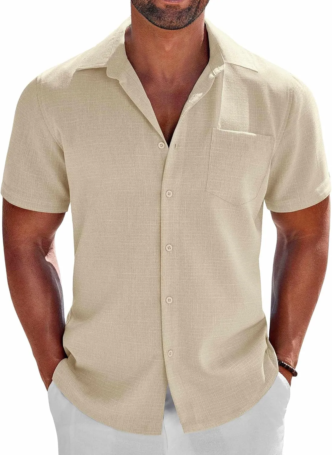 COOFANDY Men's Button Down Shirts Short Sleeve Casual Shirts Summer Beach Linen Shirts with Pocket