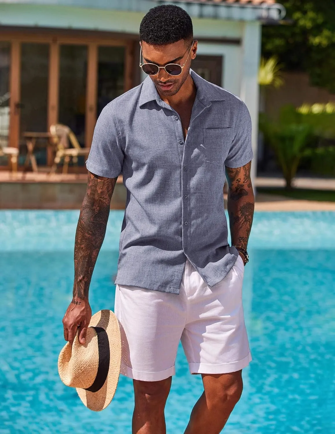 COOFANDY Men's Button Down Shirts Short Sleeve Casual Shirts Summer Beach Linen Shirts with Pocket