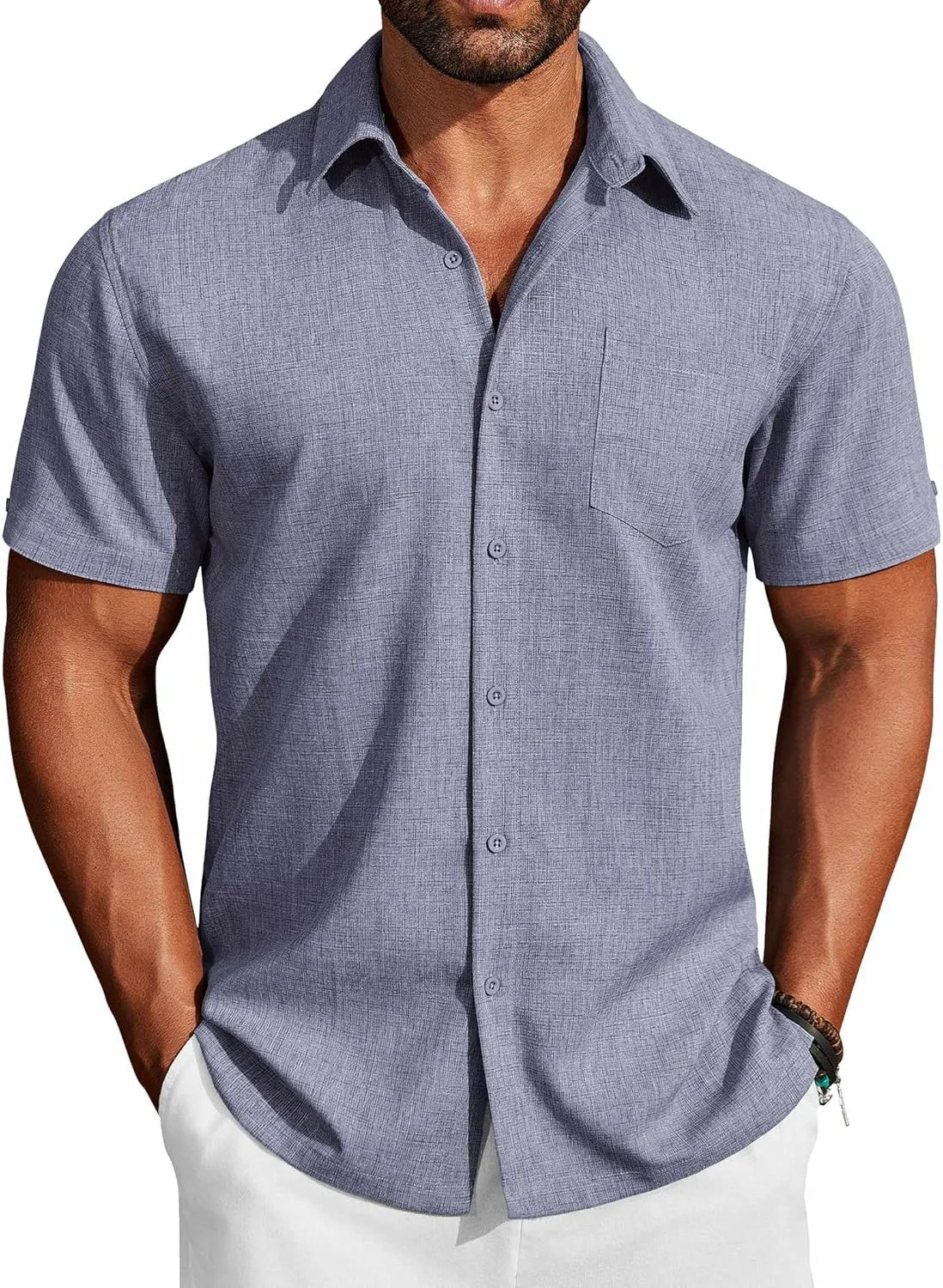 COOFANDY Men's Button Down Shirts Short Sleeve Casual Shirts Summer Beach Linen Shirts with Pocket