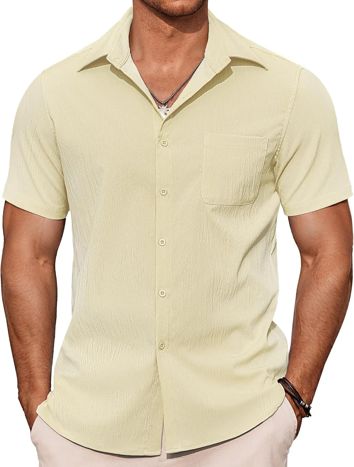 COOFANDY Mens Button Down Shirts Short Sleeve Casual Shirts Summer Beach Textured Vacation Shirts
