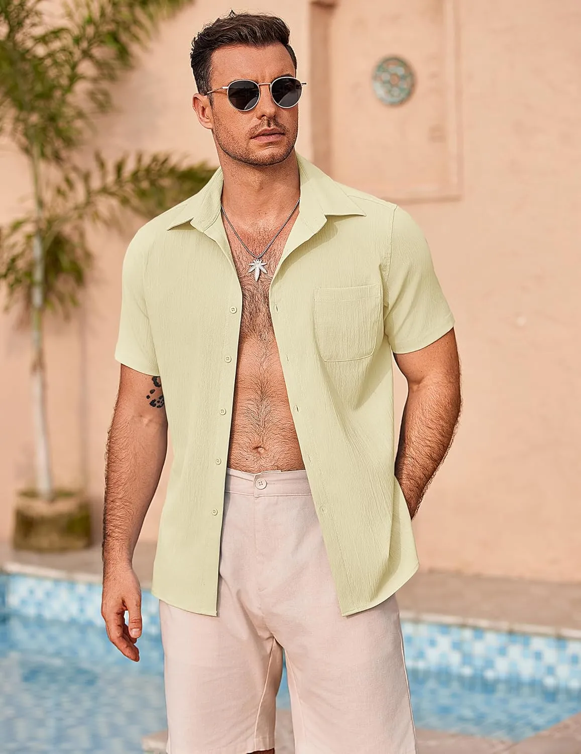 COOFANDY Mens Button Down Shirts Short Sleeve Casual Shirts Summer Beach Textured Vacation Shirts