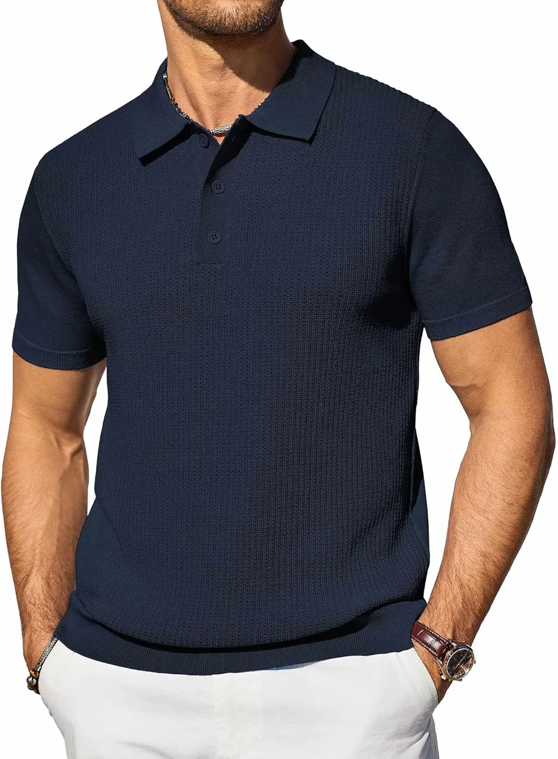 COOFANDY Men's Knit Polo Shirts Short Sleeve Casual Button Down Shirts Vintage Collared Golf Shirts
