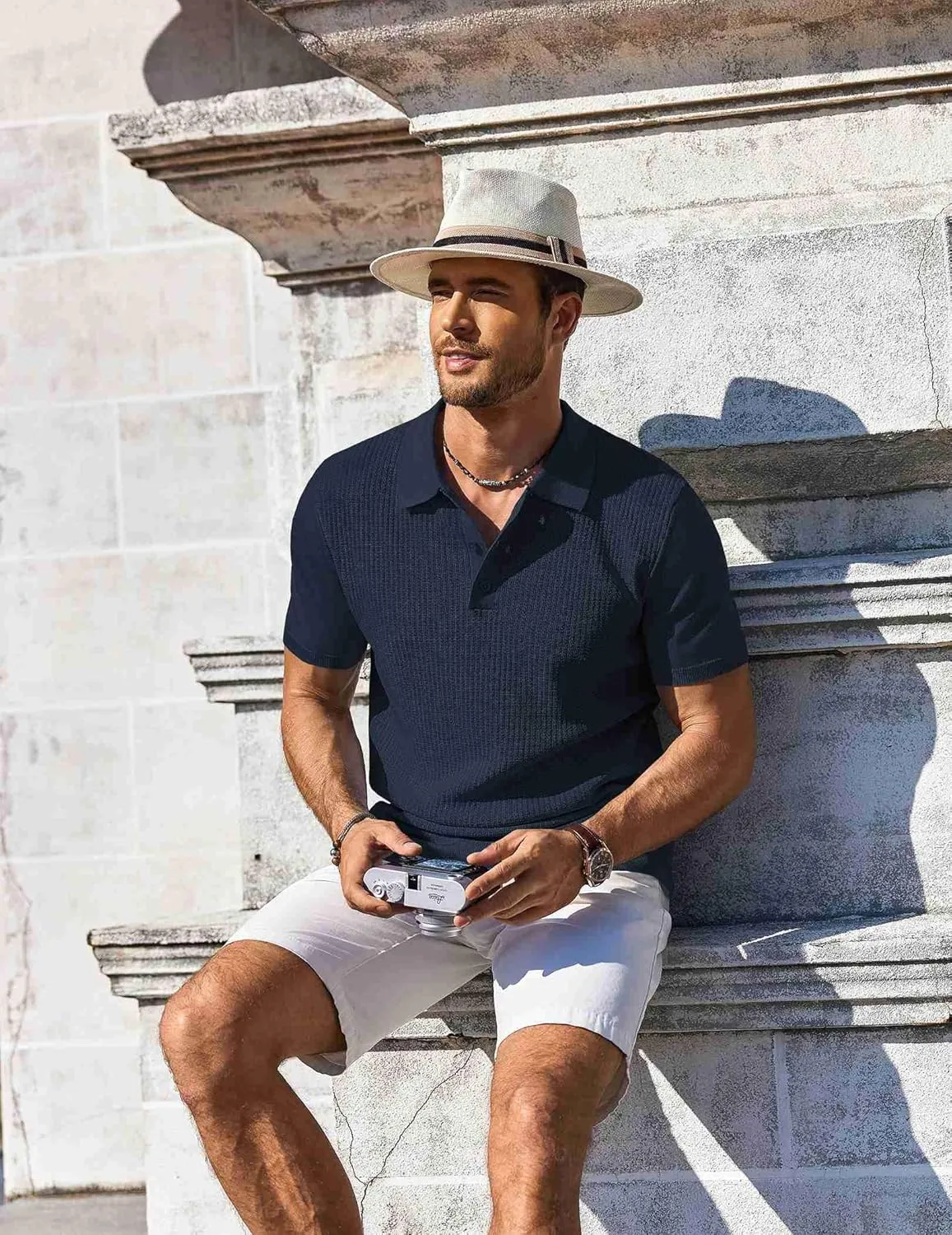 COOFANDY Men's Knit Polo Shirts Short Sleeve Casual Button Down Shirts Vintage Collared Golf Shirts