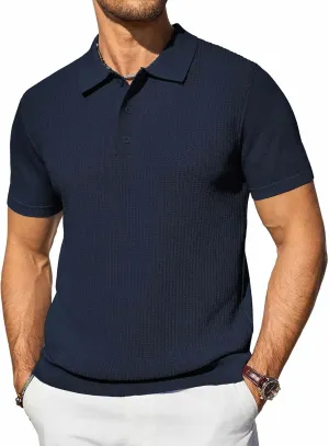 COOFANDY Men's Knit Polo Shirts Short Sleeve Casual Button Down Shirts Vintage Collared Golf Shirts