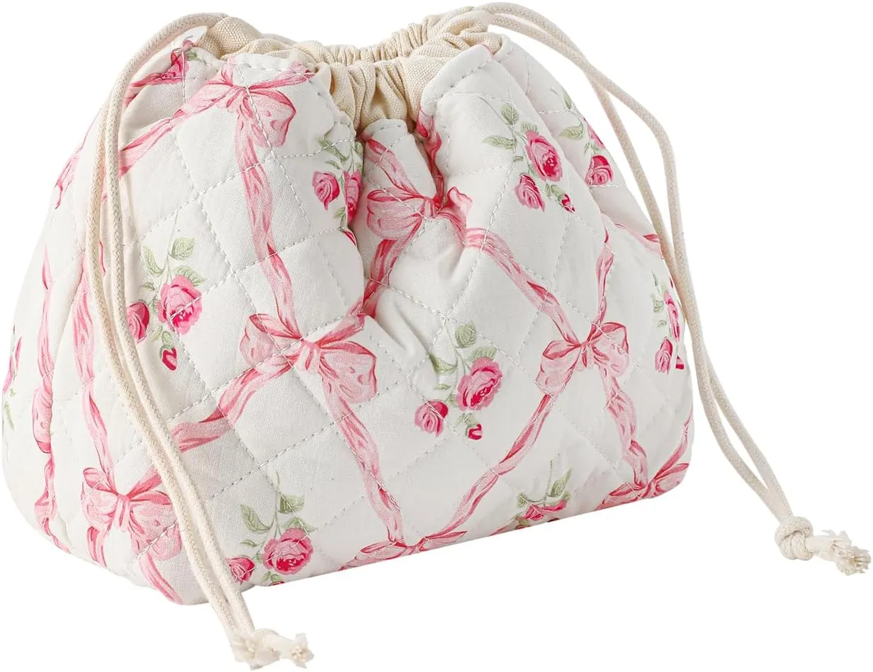 Cotton Quilted Drawstring Makeup Bag with Canvas Lining,Coquette Aesthetic Cute Travel Toiletry Bag,Drawstring Gift Bag for Women and Girls03Pink Bows