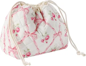 Cotton Quilted Drawstring Makeup Bag with Canvas Lining,Coquette Aesthetic Cute Travel Toiletry Bag,Drawstring Gift Bag for Women and Girls03Pink Bows