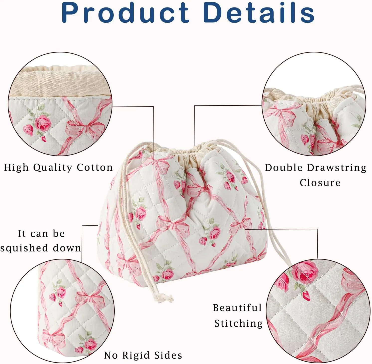 Cotton Quilted Drawstring Makeup Bag with Canvas Lining,Coquette Aesthetic Cute Travel Toiletry Bag,Drawstring Gift Bag for Women and Girls03Pink Bows