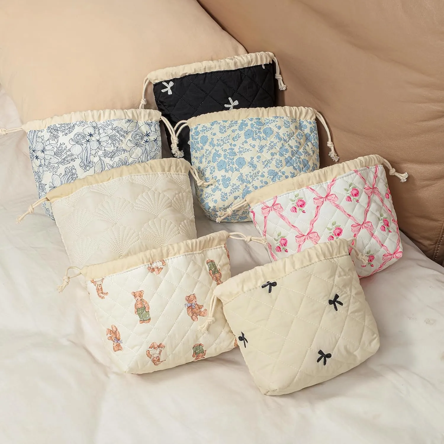 Cotton Quilted Drawstring Makeup Bag with Canvas Lining,Coquette Aesthetic Cute Travel Toiletry Bag,Drawstring Gift Bag for Women and Girls03Pink Bows