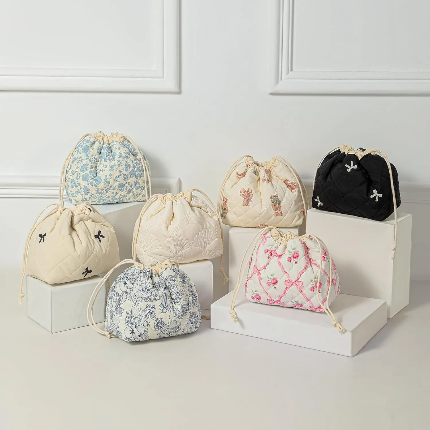 Cotton Quilted Drawstring Makeup Bag with Canvas Lining,Coquette Aesthetic Cute Travel Toiletry Bag,Drawstring Gift Bag for Women and Girls03Pink Bows